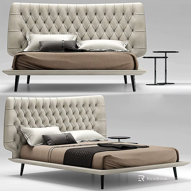 Modern Double Bed With Tufted Beige Headboard Brown Bedspread And Side Table 3d model