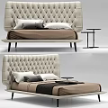 Modern Double Bed With Tufted Beige Headboard Brown Bedspread And Side Table