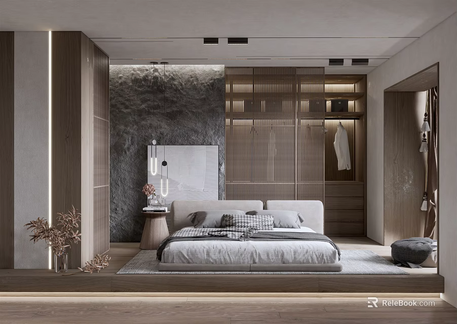 Modern Minimalist Bedroom Interior Design With Wooden Wardrobe And Stone Accent Wall 3d model 