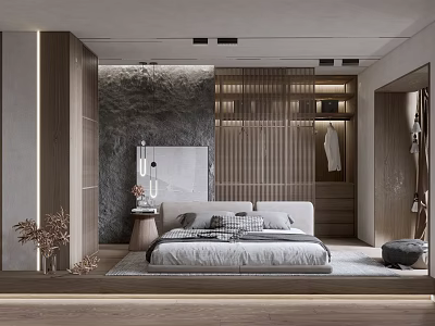 Modern Minimalist Bedroom Interior Design With Wooden Wardrobe And Stone Accent Wall 3d model