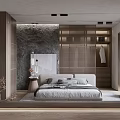 Modern Minimalist Bedroom Interior Design With Wooden Wardrobe And Stone Accent Wall