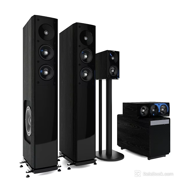 Modern Black Home Audio Speaker System With Floor standing Bookshelf Units And Subwoofer 3d model 