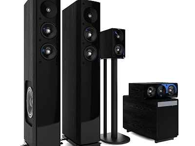 Modern Black Home Audio Speaker System With Floor standing Bookshelf Units And Subwoofer 3d model