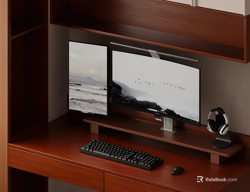 Wooden Desk Computer Setup with Dual Monitors Keyboard Mouse and Headphones 3d model 