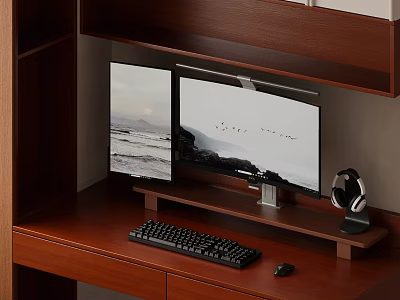 Wooden Desk Computer Setup with Dual Monitors Keyboard Mouse and Headphones 3d model