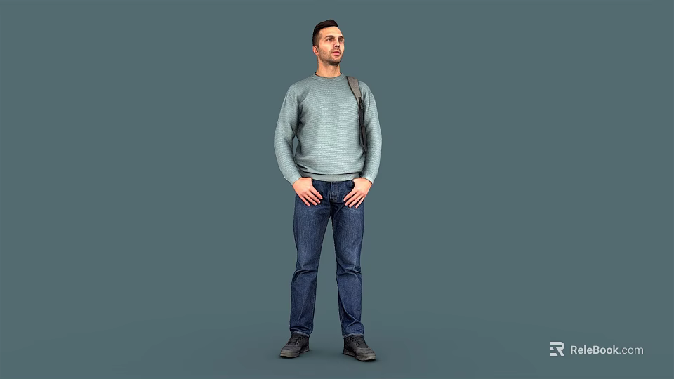 Man Standing In Gray Background Wearing Gray Sweater Blue Jeans Brown Shoes Hands In Pockets 3d model 