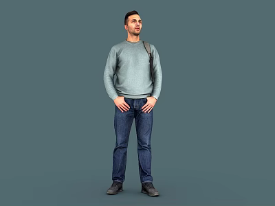 Man Standing In Gray Background Wearing Gray Sweater Blue Jeans Brown Shoes Hands In Pockets 3d model