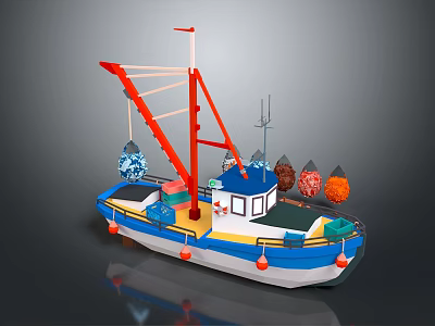 Cartoon Scene With Colorful Boat Red Crane Blue White Hull And Orange Buoys 3d model