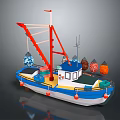 Cartoon Scene With Colorful Boat Red Crane Blue White Hull And Orange Buoys