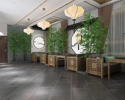 Traditional Chinese Teahouse Interior Design With Hanging Lanterns Bamboo Plants And Wooden Furniture 3d model