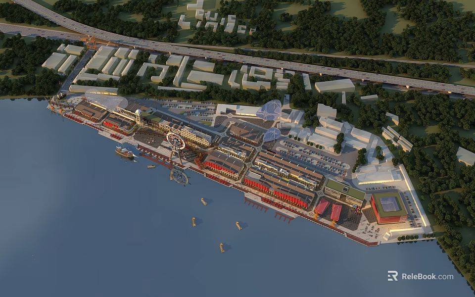 Aerial View Planning of Waterfront Development With Buildings Roads Green Spaces and Water 3d model 
