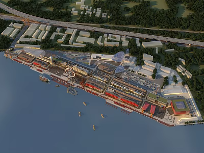 Aerial View Planning of Waterfront Development With Buildings Roads Green Spaces and Water 3d model