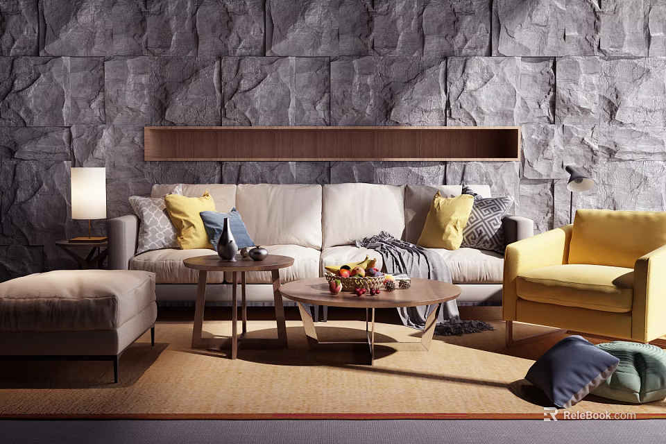 Cozy Sofa Coffee Table Set With Colorful Cushions Stone Wall Yellow Armchair And Carpet 3d model 