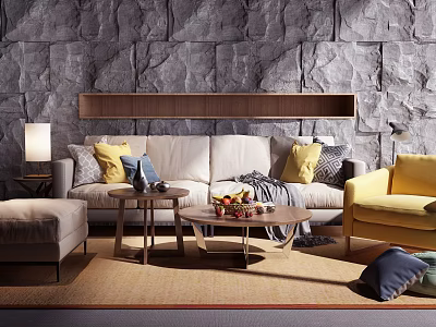 Cozy Sofa Coffee Table Set With Colorful Cushions Stone Wall Yellow Armchair And Carpet 3d model