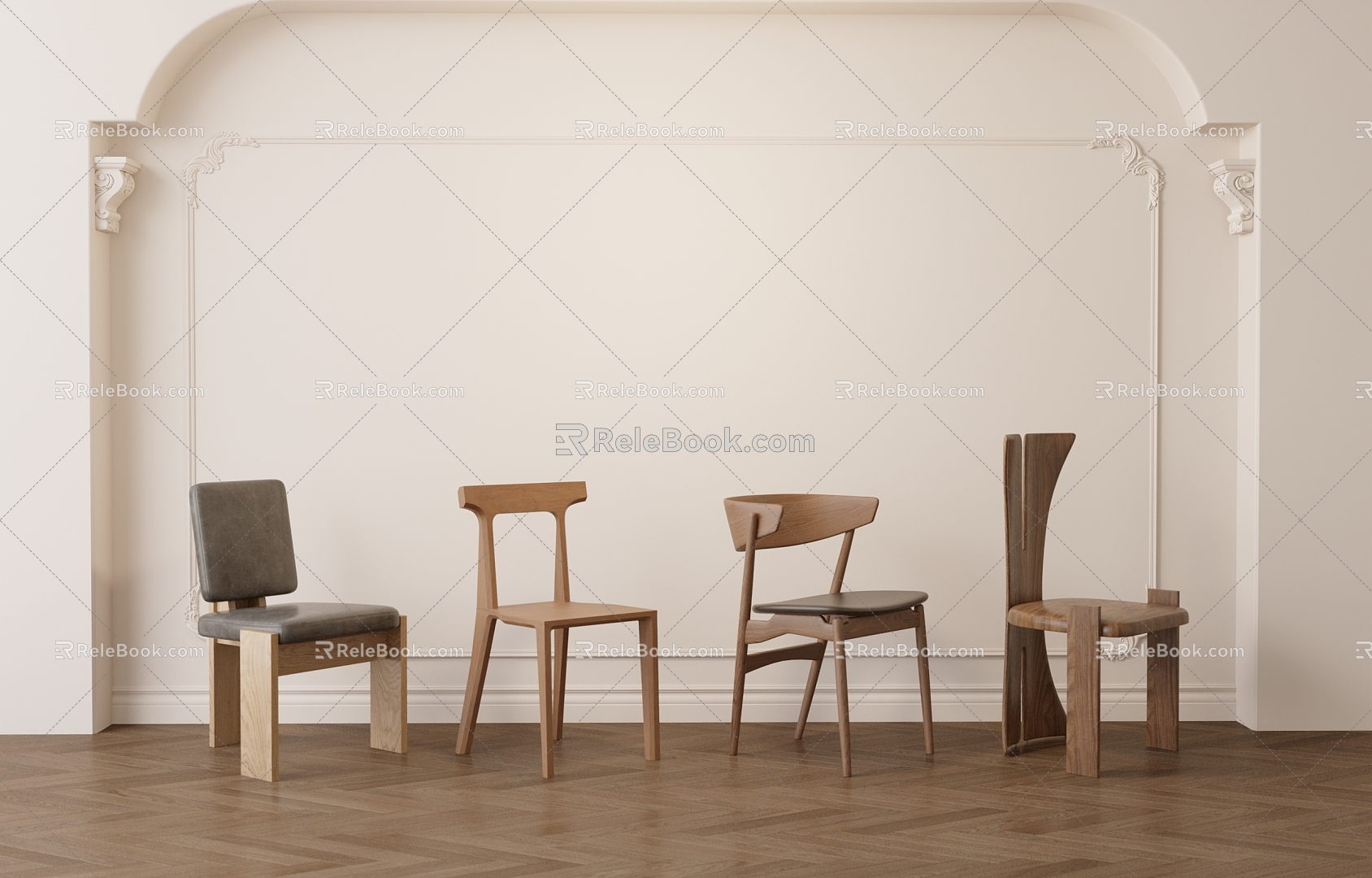 Middle-style wooden dining chair combination 3d model