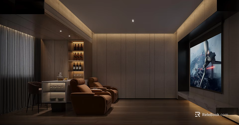 Modern Home Theater with Brown Leather Sofas Large Screen TV Wooden Walls and Wine Rack 3d model 