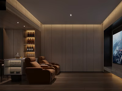 Modern Home Theater with Brown Leather Sofas Large Screen TV Wooden Walls and Wine Rack 3d model