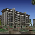 Modern Mid Rise Residential Building With Evening Landscaping Fountains And Pedestrians