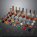 Colorful Sports Equipment Collection Featuring Various Balls and Different Rackets