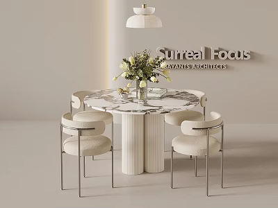 Modern Round Dining Table Set with Marble Top Four Upholstered Chairs and Pendant Light 3d model