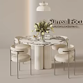 Modern Round Dining Table Set with Marble Top Four Upholstered Chairs and Pendant Light