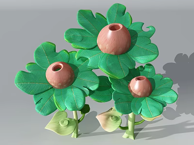 Cartoon Scene With Large Green Leaves Brown Bulbous Tops And Multiple Flowers 3d model