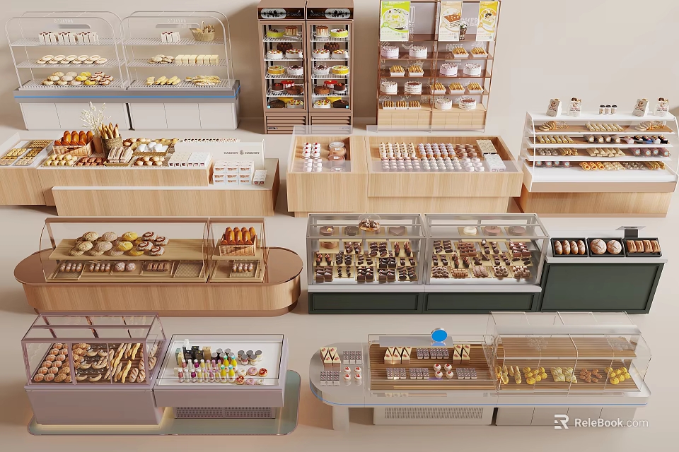 Various Design Showcase Shelves for Bakery Products with Glass Cases and Wooden Racks 3d model 