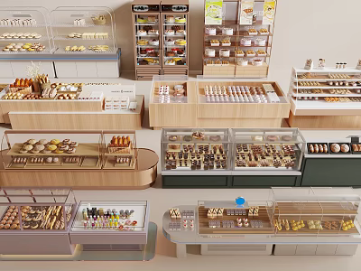 Various Design Showcase Shelves for Bakery Products with Glass Cases and Wooden Racks 3d model