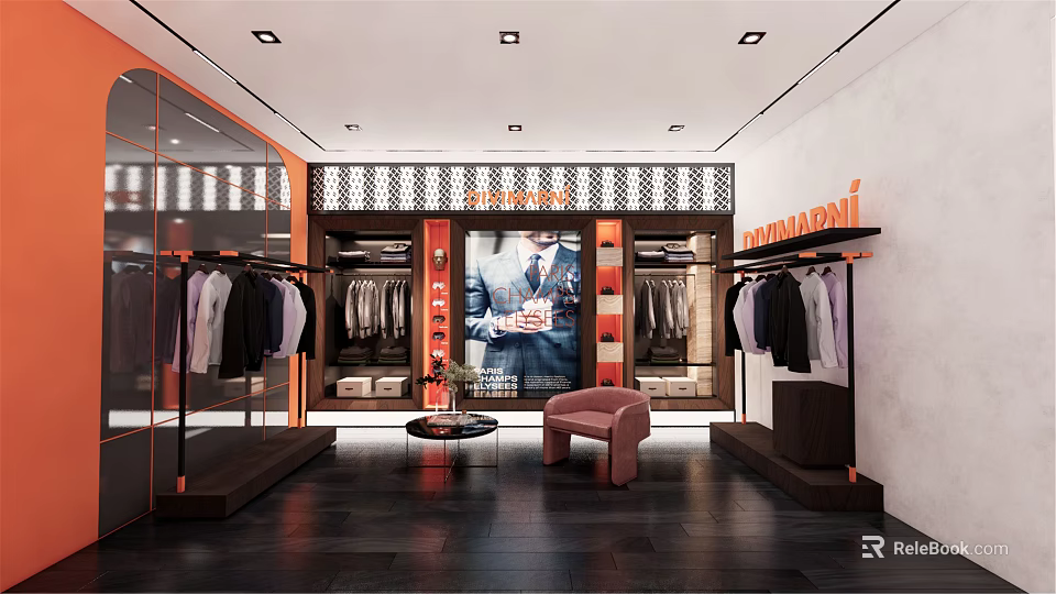 Modern Clothing Store Interior With Men's Apparel Display Racks And Fashion Posters 3d model 