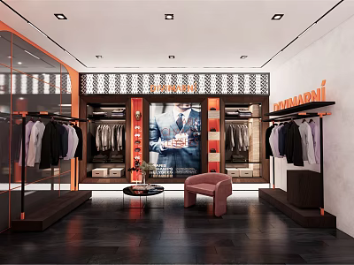 Modern Clothing Store Interior With Men's Apparel Display Racks And Fashion Posters 3d model