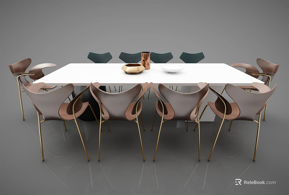 Modern White Dining Table Set with Brown Chairs Golden Legs and Black Backrests 3d model 