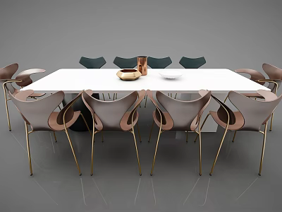 Modern White Dining Table Set with Brown Chairs Golden Legs and Black Backrests 3d model