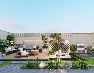 Modern courtyard landscape garden outdoor sofa card stand flowers and plants outdoor table and chairs 3d model