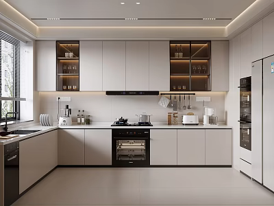 Modern Kitchen Interior Design With Island Counter White Cabinets And Black Appliances 3d model