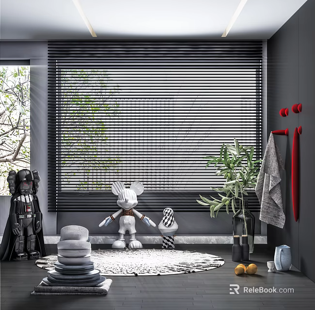 Cozy Indoor Plush Dolls Display With White Rabbit Toy Black Warrior Figure And Window Blinds 3d model 