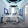 Modern Office Interior With Desks Chairs Computers Wall Screens And Geometric Ceiling Design