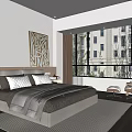 Modern Bedroom Interior With Bed Decorative Painting Window Curtains Rug And Chair