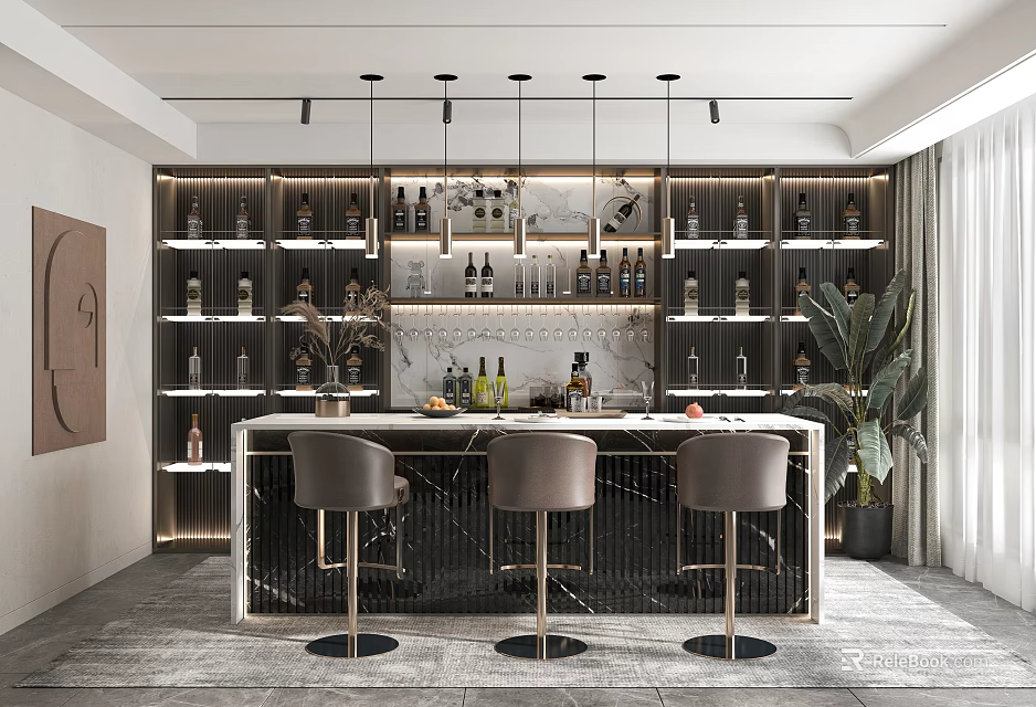 Modern Bar Area Interior Design With Wine Racks Stools And Pendant Lights 3d model 