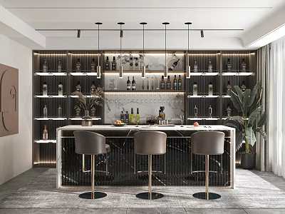 Modern Bar Area Interior Design With Wine Racks Stools And Pendant Lights 3d model