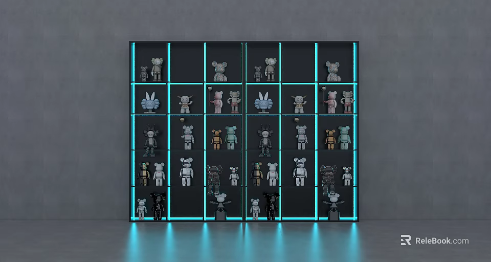 Gray Wall with Grid Shelves Displaying Various Figurines and Blue LED Lighting 3d model 