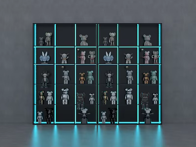 Gray Wall with Grid Shelves Displaying Various Figurines and Blue LED Lighting 3d model