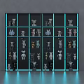 Gray Wall with Grid Shelves Displaying Various Figurines and Blue LED Lighting