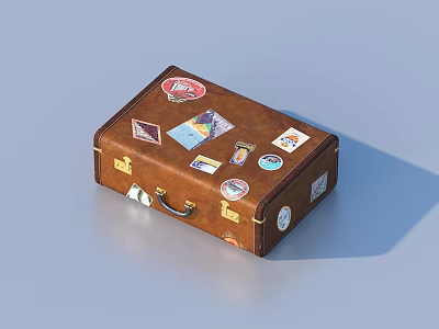 Vintage Brown Suitcase with Colorful Travel Stickers as Classic Living Accessory 3d model