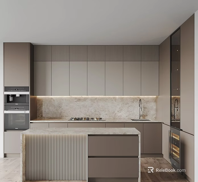 Modern Kitchen Interior With Gray Cabinets Marble Countertop Island And Built-in Oven 3d model 