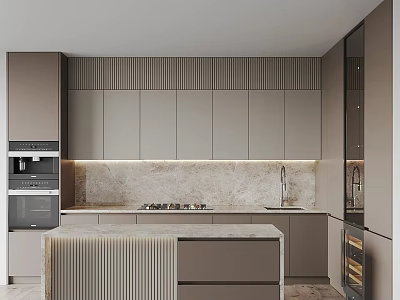 Modern Kitchen Interior With Gray Cabinets Marble Countertop Island And Built-in Oven 3d model