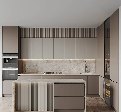 Modern Kitchen Interior With Gray Cabinets Marble Countertop Island And Built-in Oven 3d model