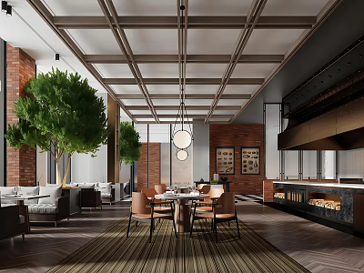 Elegant Banquet Hall Interior With Red Brick Walls Metal Ceiling And Pendant Lights 3d model