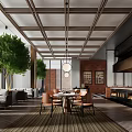 Elegant Banquet Hall Interior With Red Brick Walls Metal Ceiling And Pendant Lights