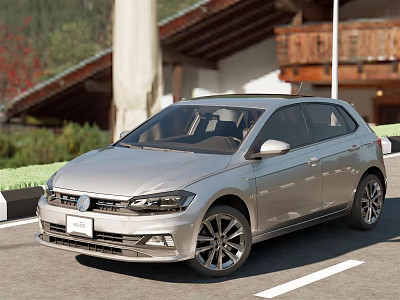 Silver Volkswagen Hatchback Parked Outdoor Near Scenic Buildings And Greenery View 3d model