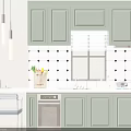Green Kitchen Cabinets With Black And White Checkerboard Tiles Window White Countertop And Hanging Lights
